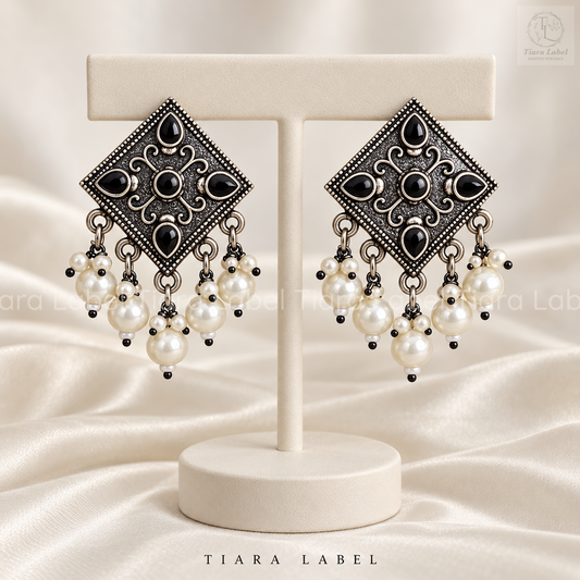 Vintage Square Geometric Oxidised Earrings with Pearl Cluster Drops