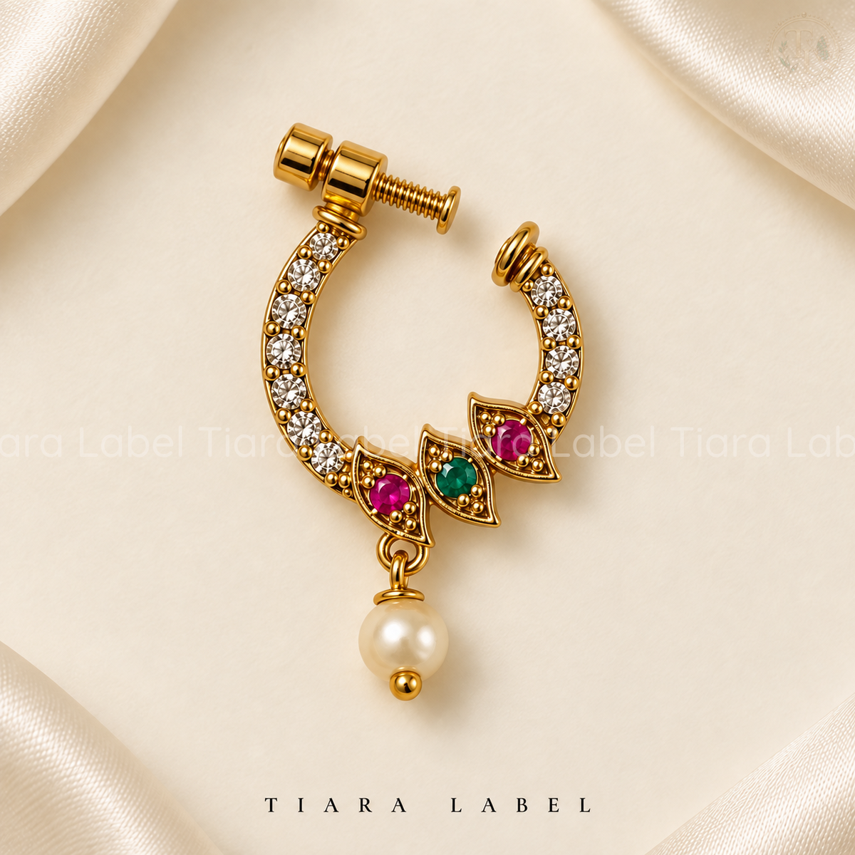 Multicolour Crescent Pearl-Drop Screw Nose Pin