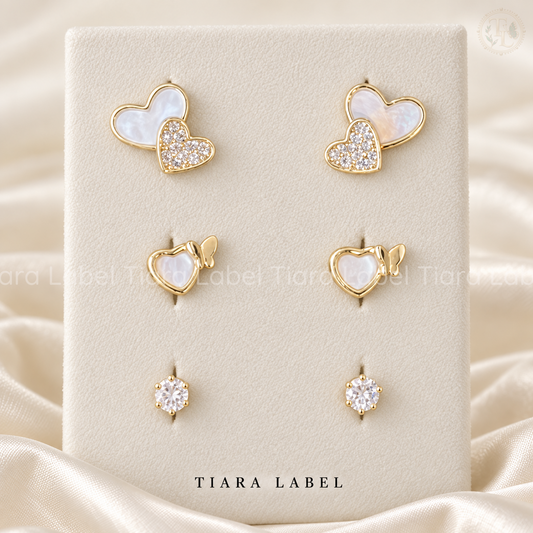 Heart & Flutter Anti-Tarnish Stud Set — 3 Pairs
