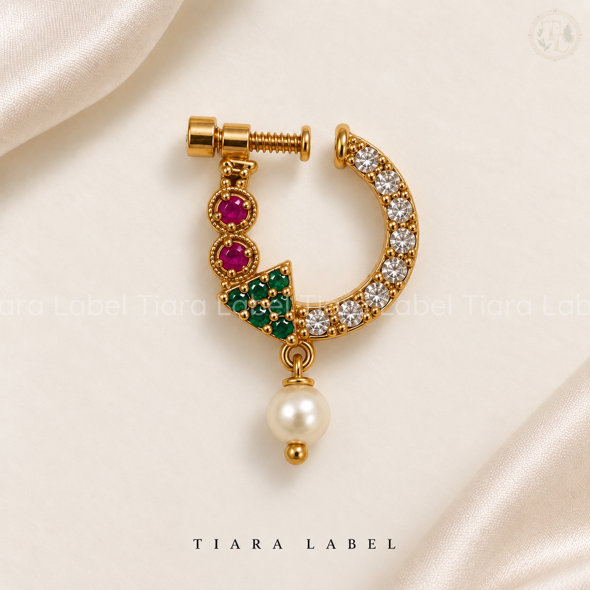 Multicolour Crescent Pearl-Drop Screw Nose Pin