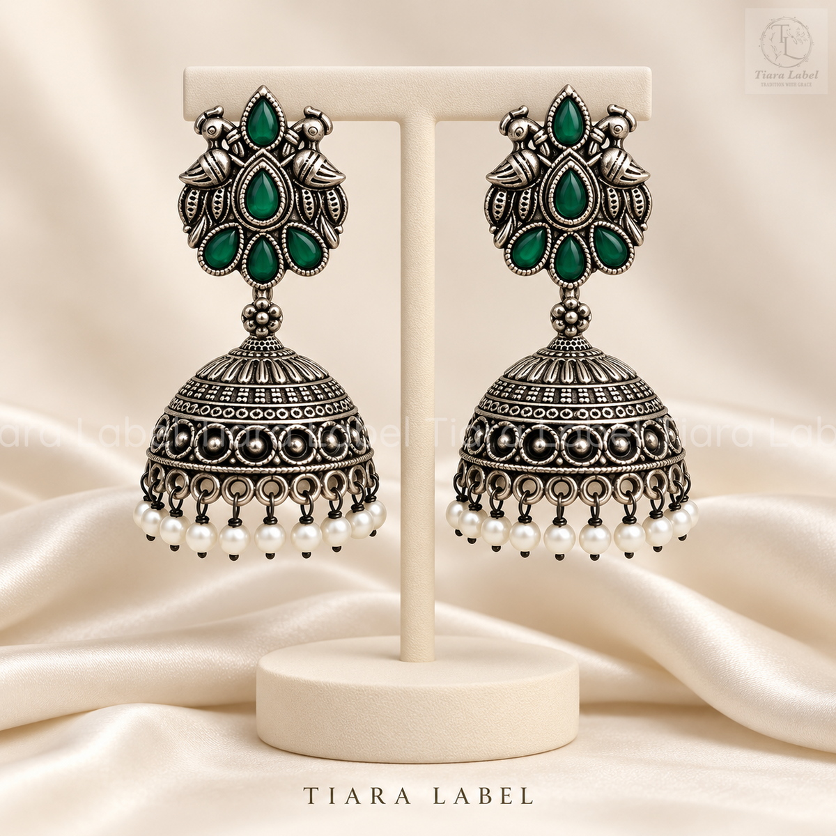 Peacock Stone Oxidized Jhumka Earrings with Pearl Drops