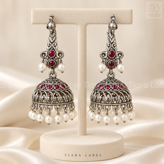 Peacock Ruby Stone Oxidised Jhumka Earrings