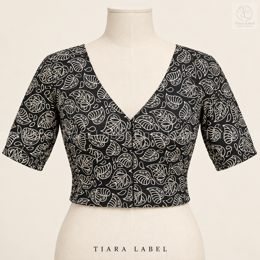Black Leaf Print Flex-Fit Blouse.
