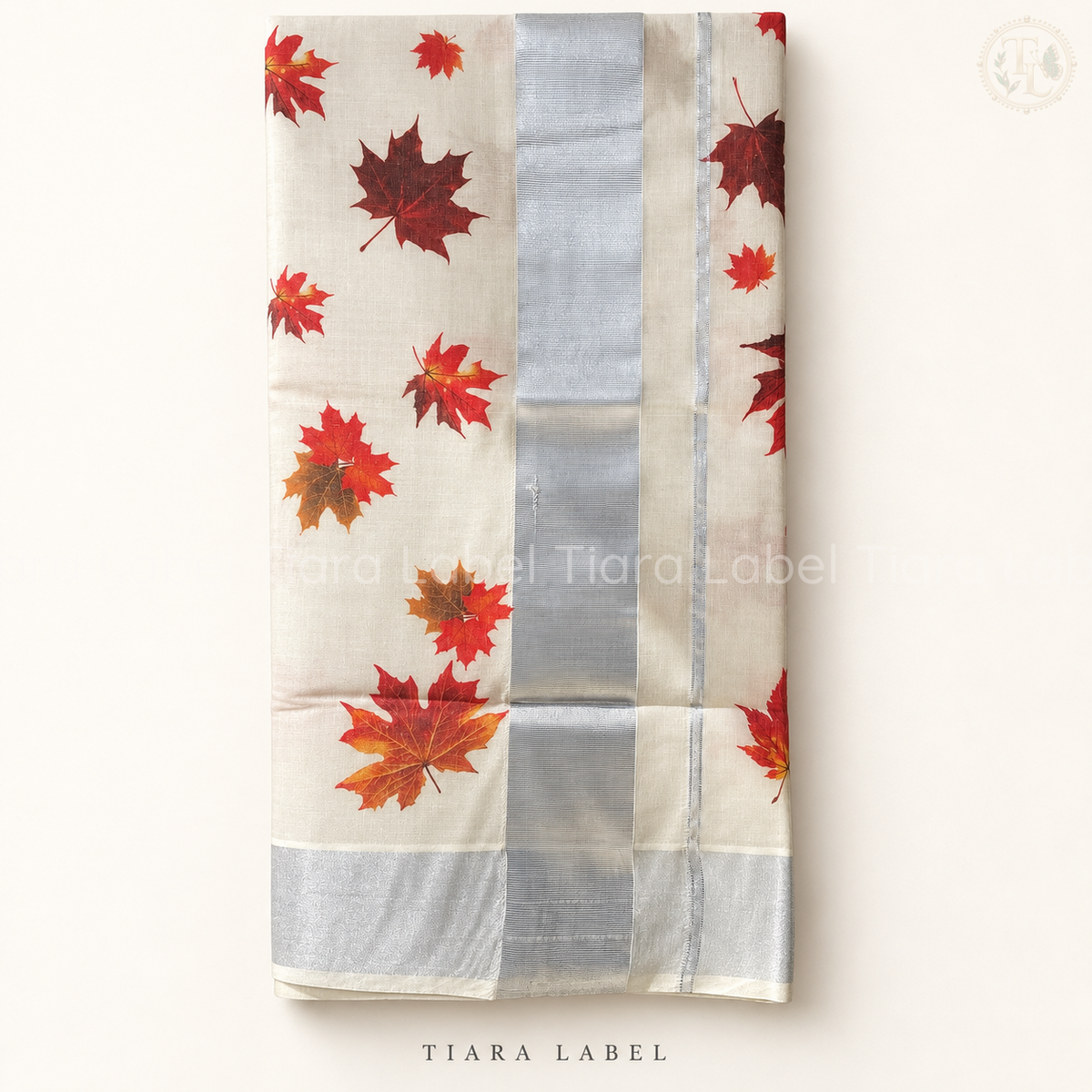 Autumn Leaf Printed Silver Kasavu Handloom Saree