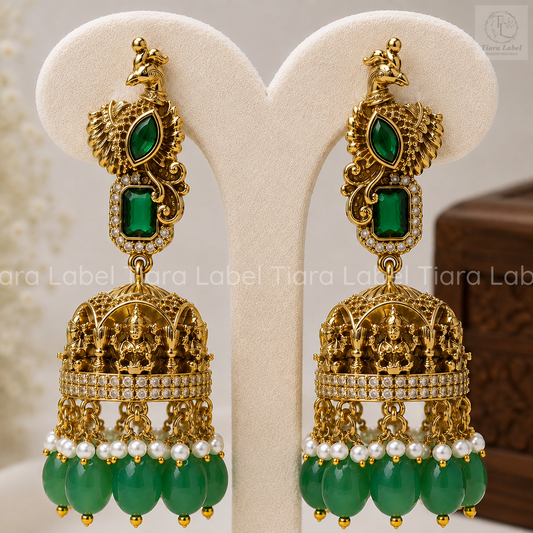 Temple-Inspired Green Bead Jhumka Earrings