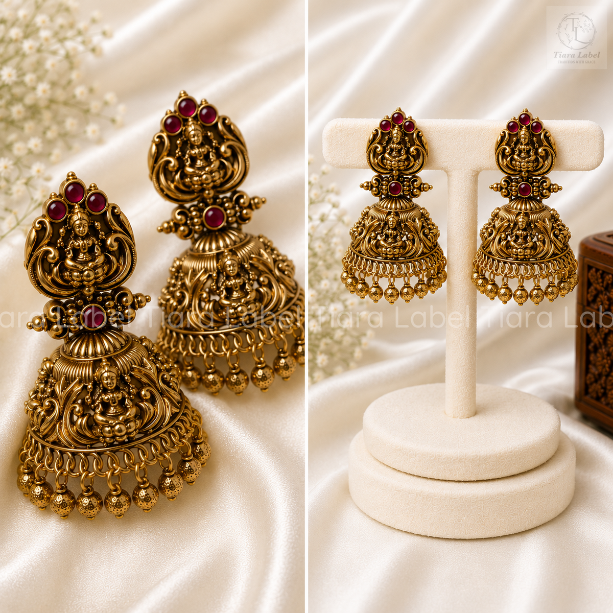 Antique Gold Lakshmi Ruby Temple Jhumka Earrings
