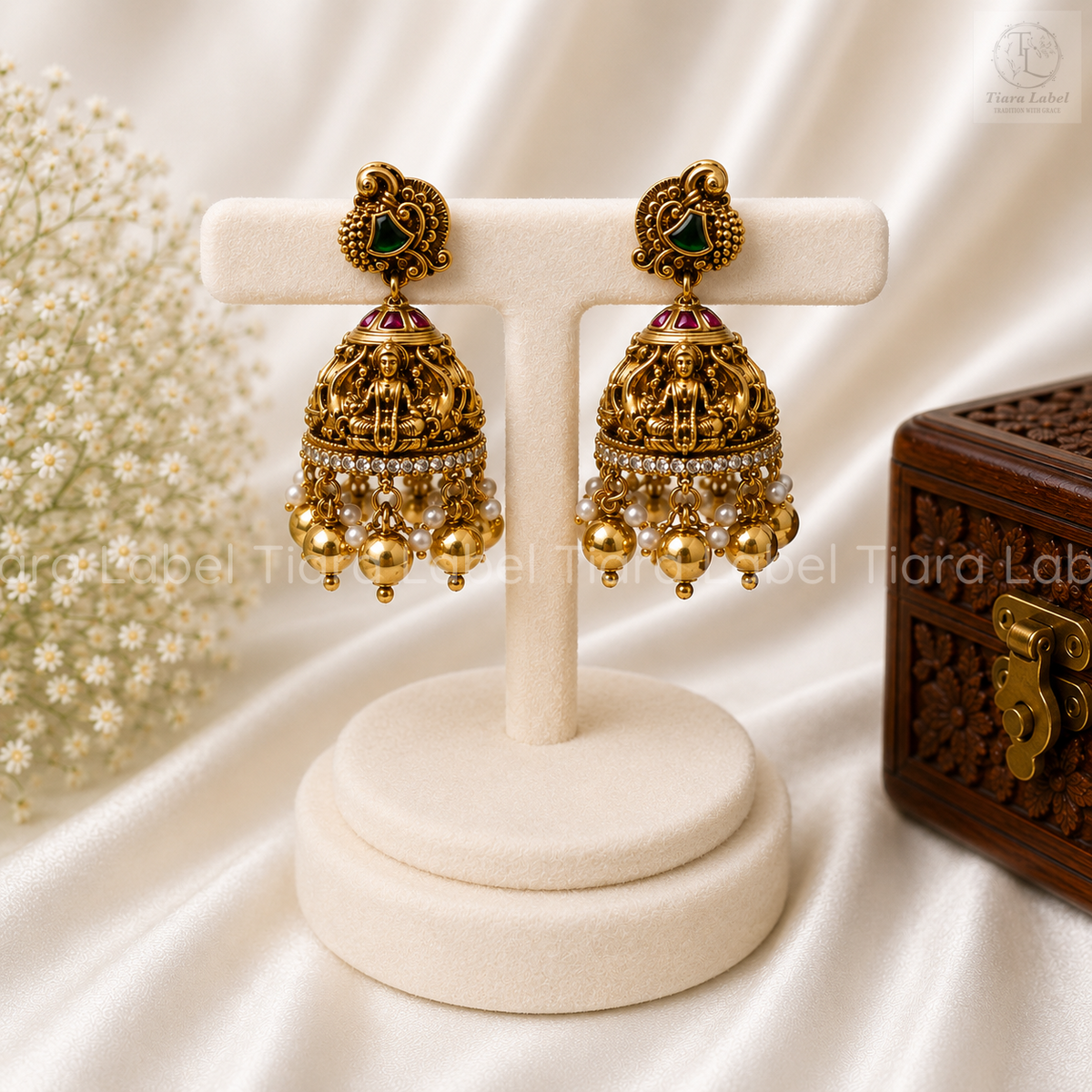 Lakshmi Peacock Pearl Temple Jhumka Earrings