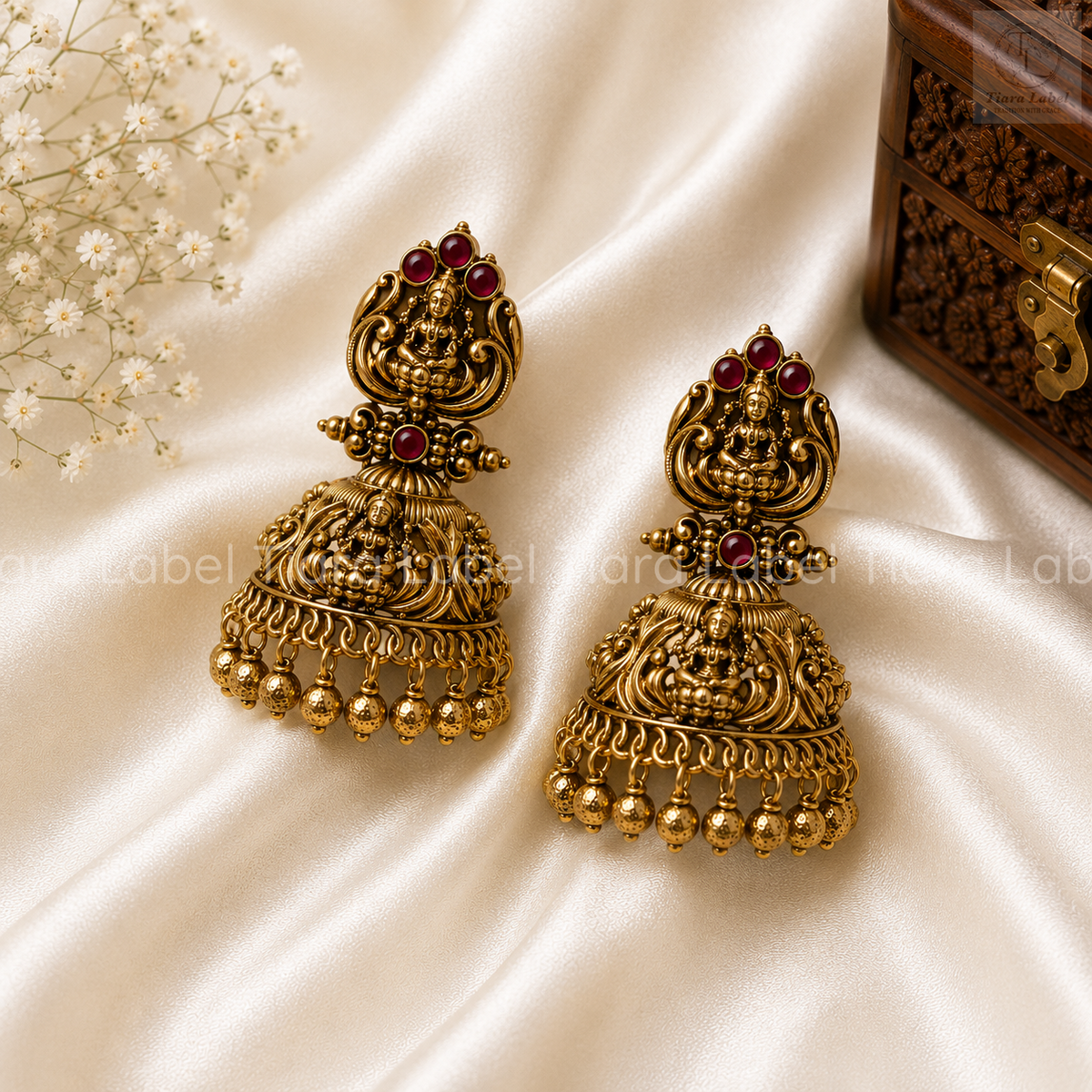 Antique Gold Lakshmi Ruby Temple Jhumka Earrings