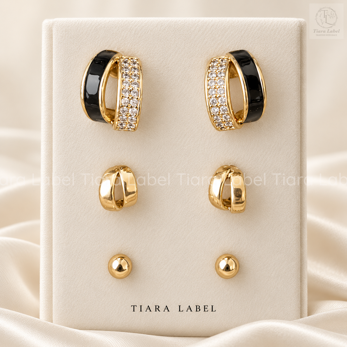 Black Enamel & Crystal Earring Set (3-Pair Stack)