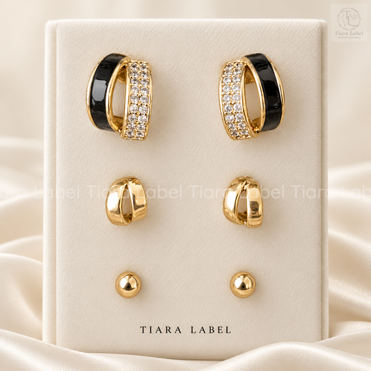 Black Enamel & Crystal Earring Set (3-Pair Stack)