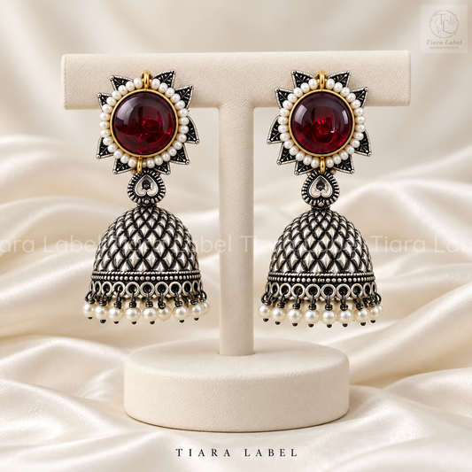 Royal Stone & Pearl Oxidised Jhumka Earrings