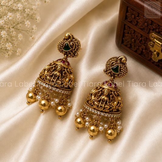 Lakshmi Peacock Pearl Temple Jhumka Earrings
