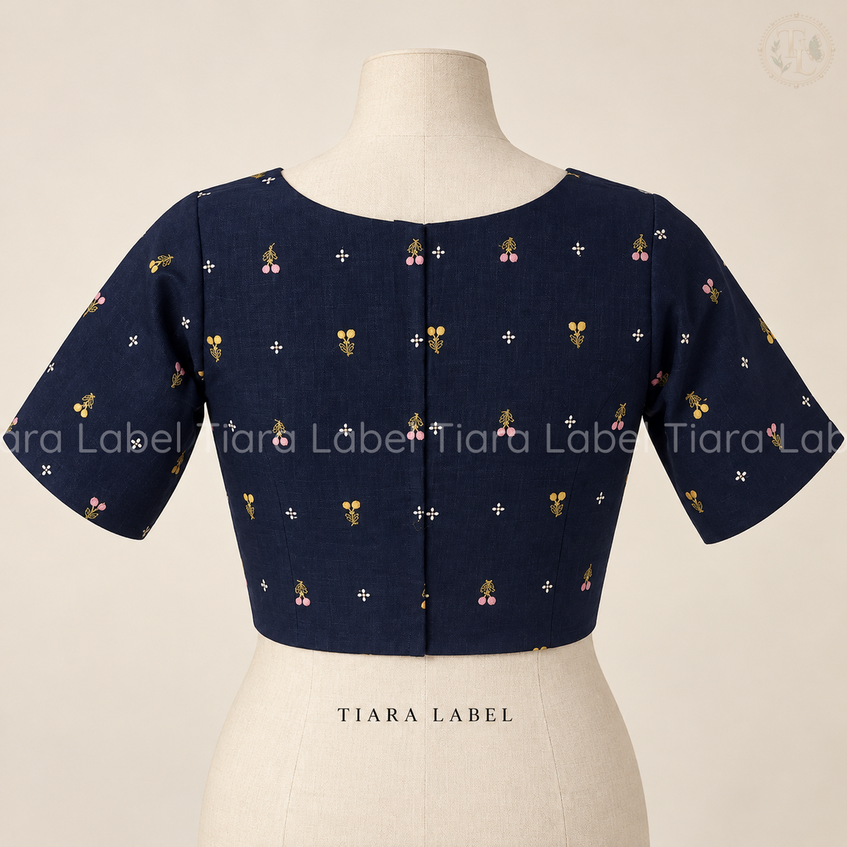 Embroidered Floral Booti Navy Blue Linen Cotton Blouse