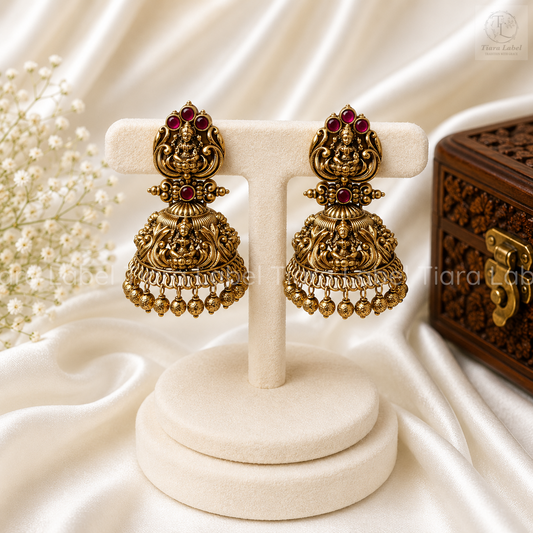 Antique Gold Lakshmi Ruby Temple Jhumka Earrings
