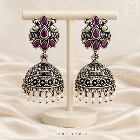 Peacock Stone Oxidized Jhumka Earrings with Pearl Drops