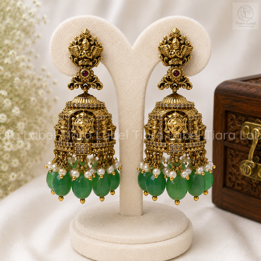 Balaji Temple Green Bead Jhumka Earrings