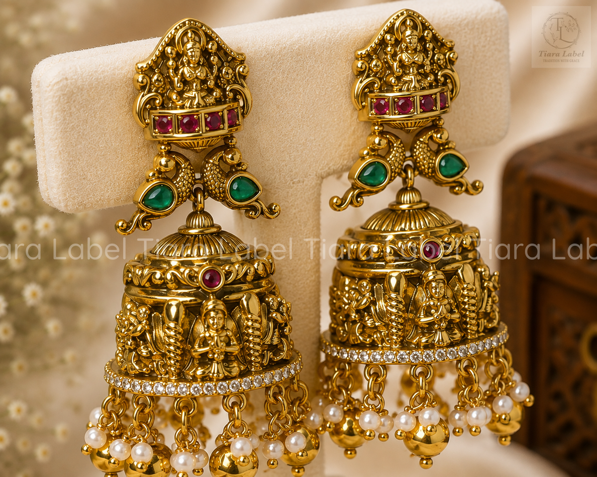 Lakshmi Peacock Ruby-Green Temple Jhumka Earrings