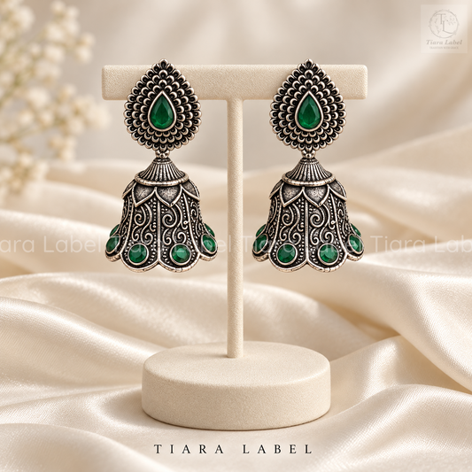 Emerald Petal Oxidized Jhumka Earrings