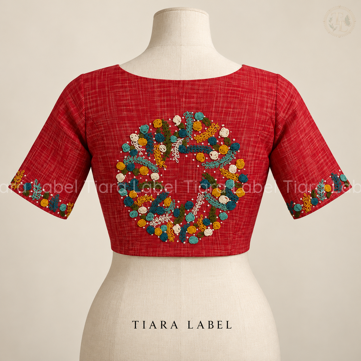 Hand-Embroidered Wreath Pink Slub Cotton Blouse