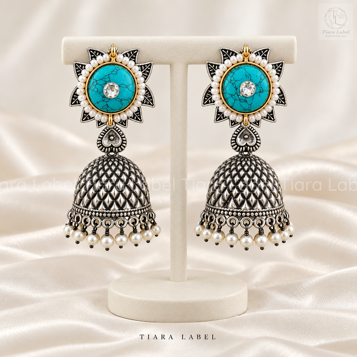 Royal Stone & Pearl Oxidised Jhumka Earrings