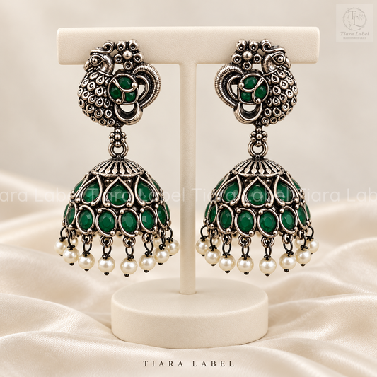 Peacock Teardrop-Stone Oxidized Jhumka Earrings