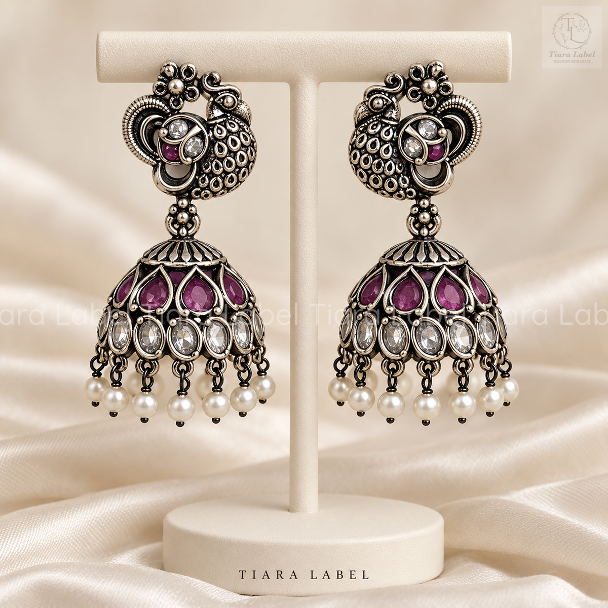Peacock Teardrop-Stone Oxidized Jhumka Earrings
