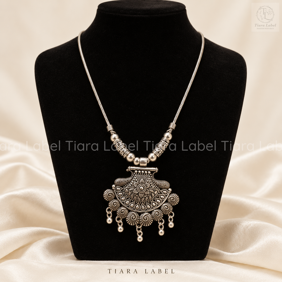 Antique Floral Oxidized Statement Pendant Necklace