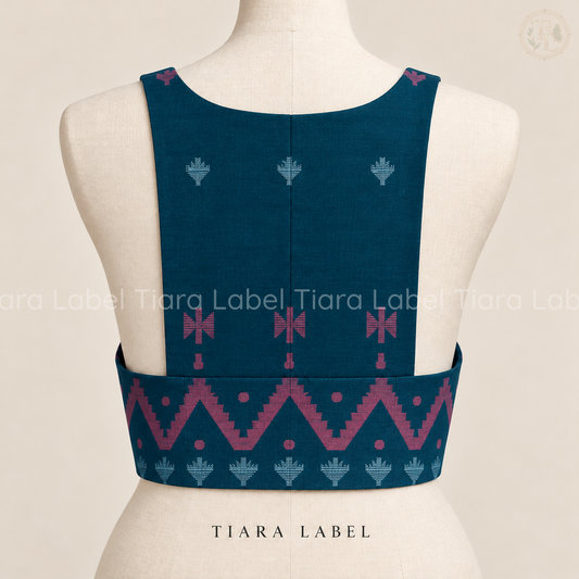 Woven Tribal Motif Sleeveless Teal Blouse