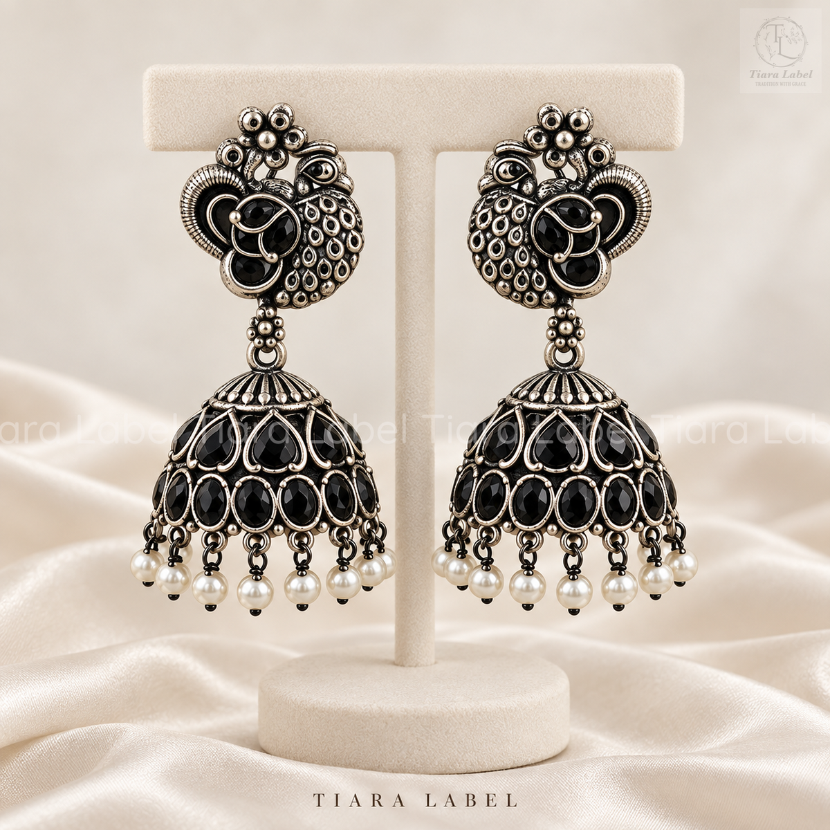 Peacock Teardrop-Stone Oxidized Jhumka Earrings