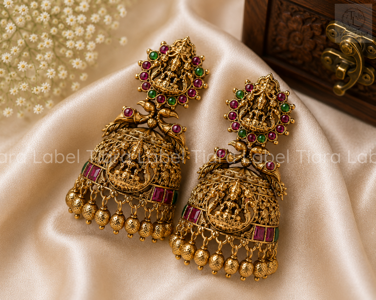 Grand Lakshmi Peacock Temple Jhumka Earrings