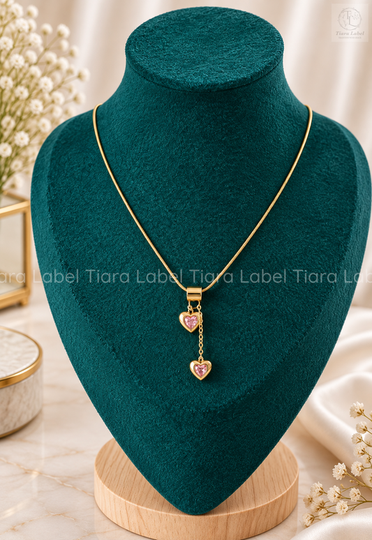 Double Pink Heart Drop Anti-Tarnish Necklace