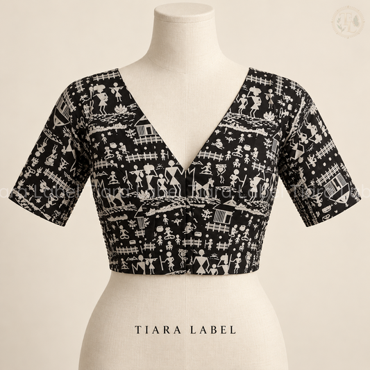 Black Warli-Inspired Print Flex-Fit Blouse