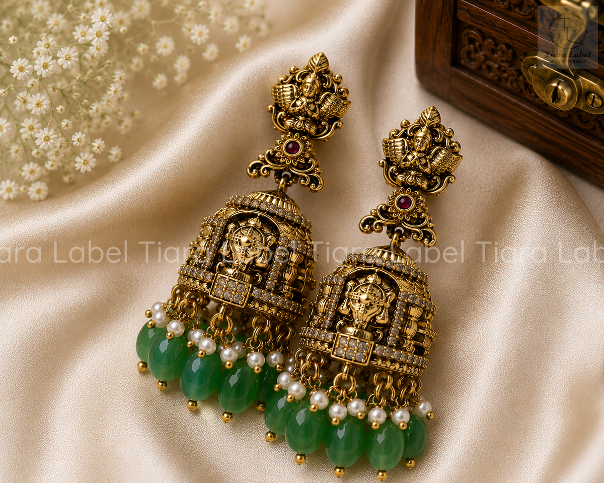 Balaji Temple Green Bead Jhumka Earrings