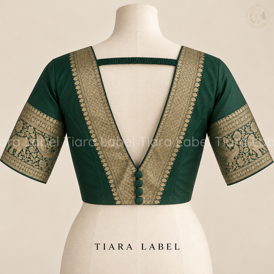 Banarasi Gold Zari Bordered Emerald Green Silk Blouse