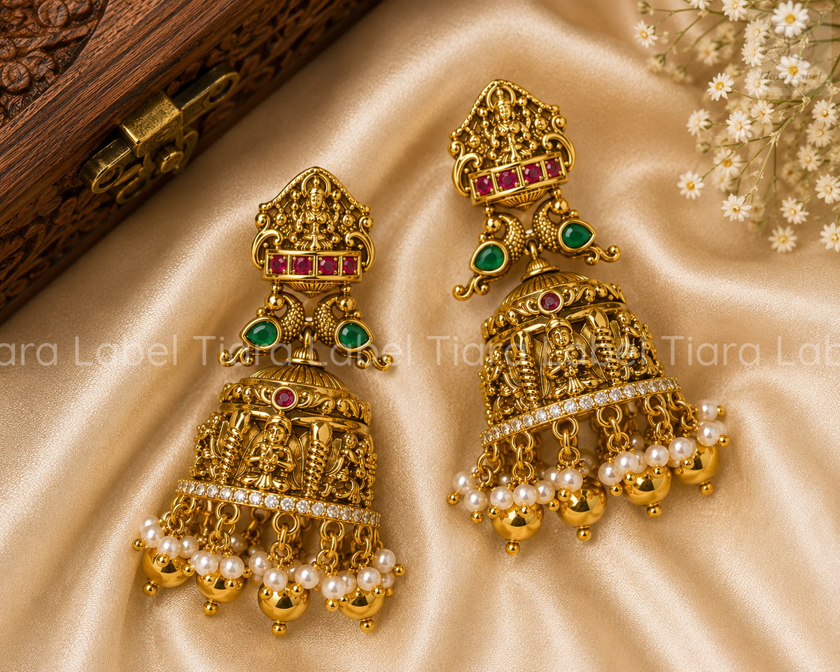 Lakshmi Peacock Ruby-Green Temple Jhumka Earrings