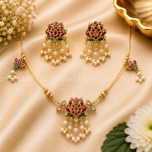 Traditional Lotus Invisible Chain Necklace & Earrings Set – Ruby, Green & Pearl