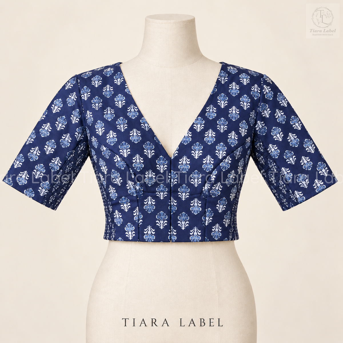 Indigo Blue Floral Motif Flex-Fit Blouse