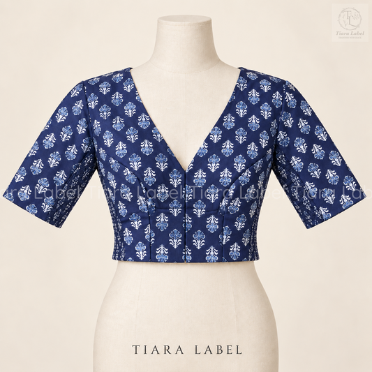 Indigo Blue Floral Motif Flex-Fit Blouse
