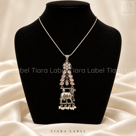 Pastel Pink Cow-Motif Oxidized Pendant Necklace