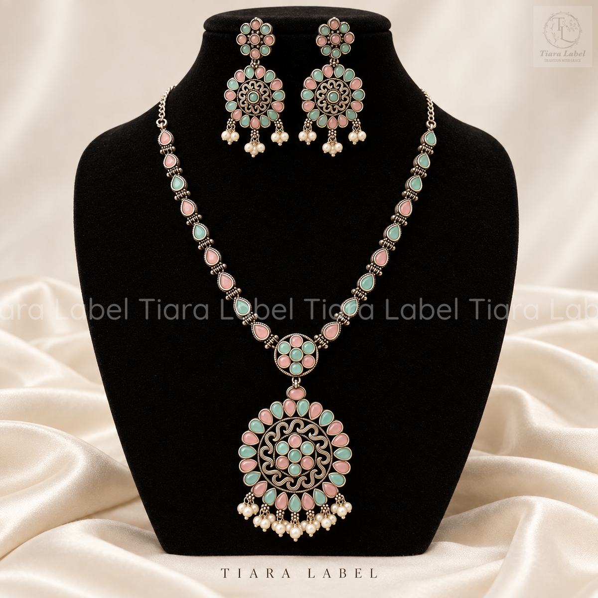Pastel Pink & Mint Green Oxidized Long Necklace Set
