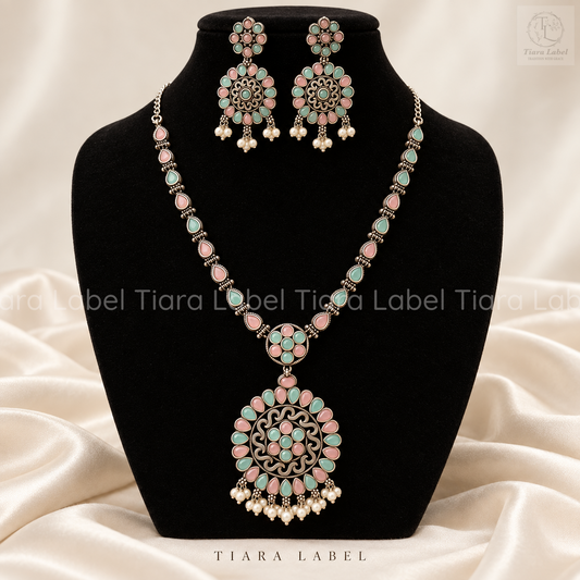 Pastel Pink & Mint Green Oxidized Long Necklace Set
