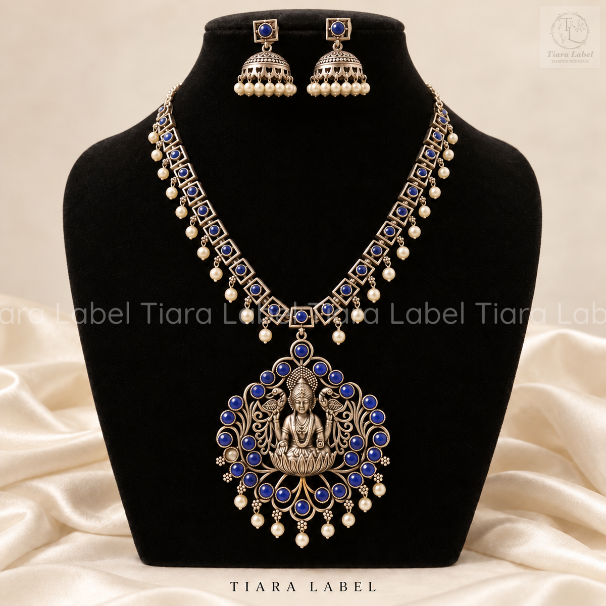 Oxidized Silver-Tone Lakshmi Pendant Necklace Set – Royal Blue