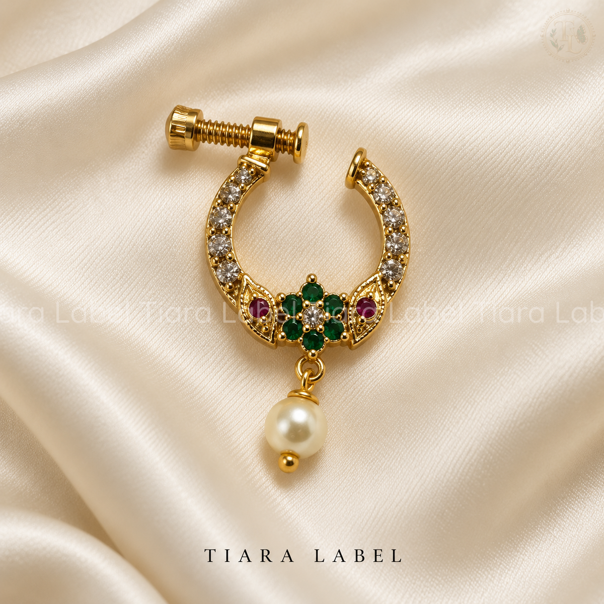 Multicolour Crescent Pearl-Drop Screw Nose Pin