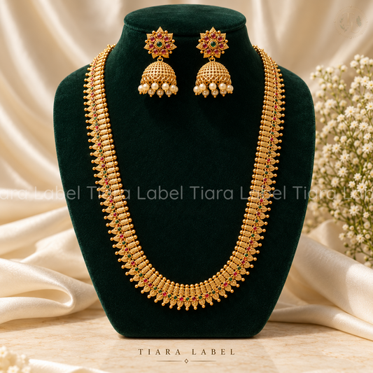 Traditional Leaf Motif Long Haaram Set with Floral Jhumkas