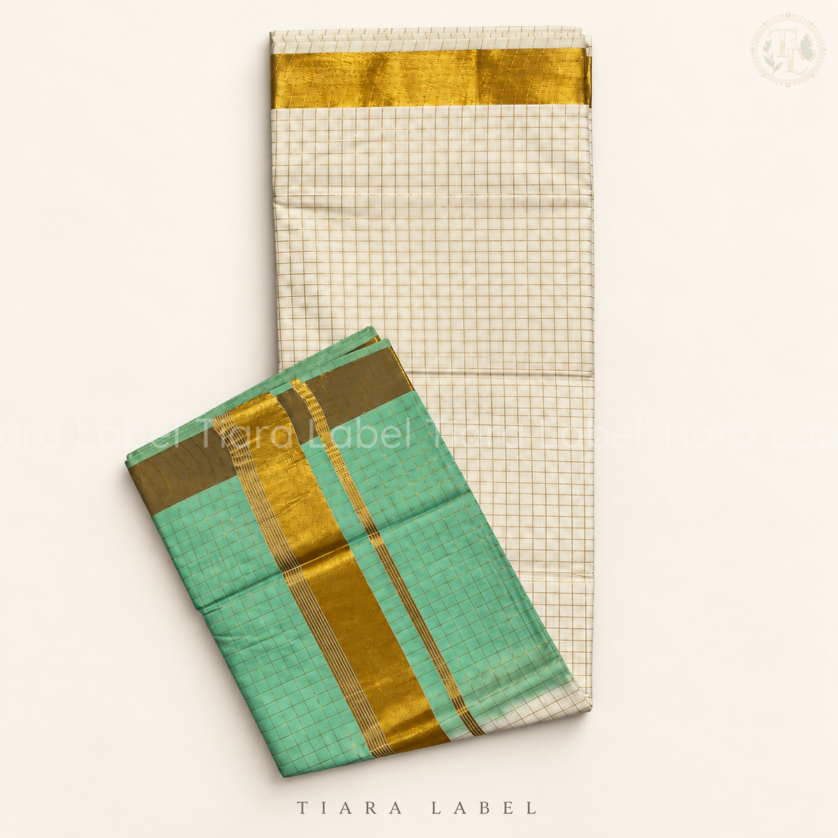 Mint Green Half and Half Checked Saree