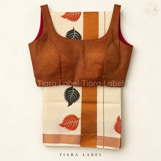 Leaf Print Kasavu Saree + Ready-Made Blouse Combo