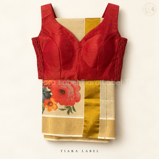 Floral Kasavu Saree + Flex-Fit Blouse Combo