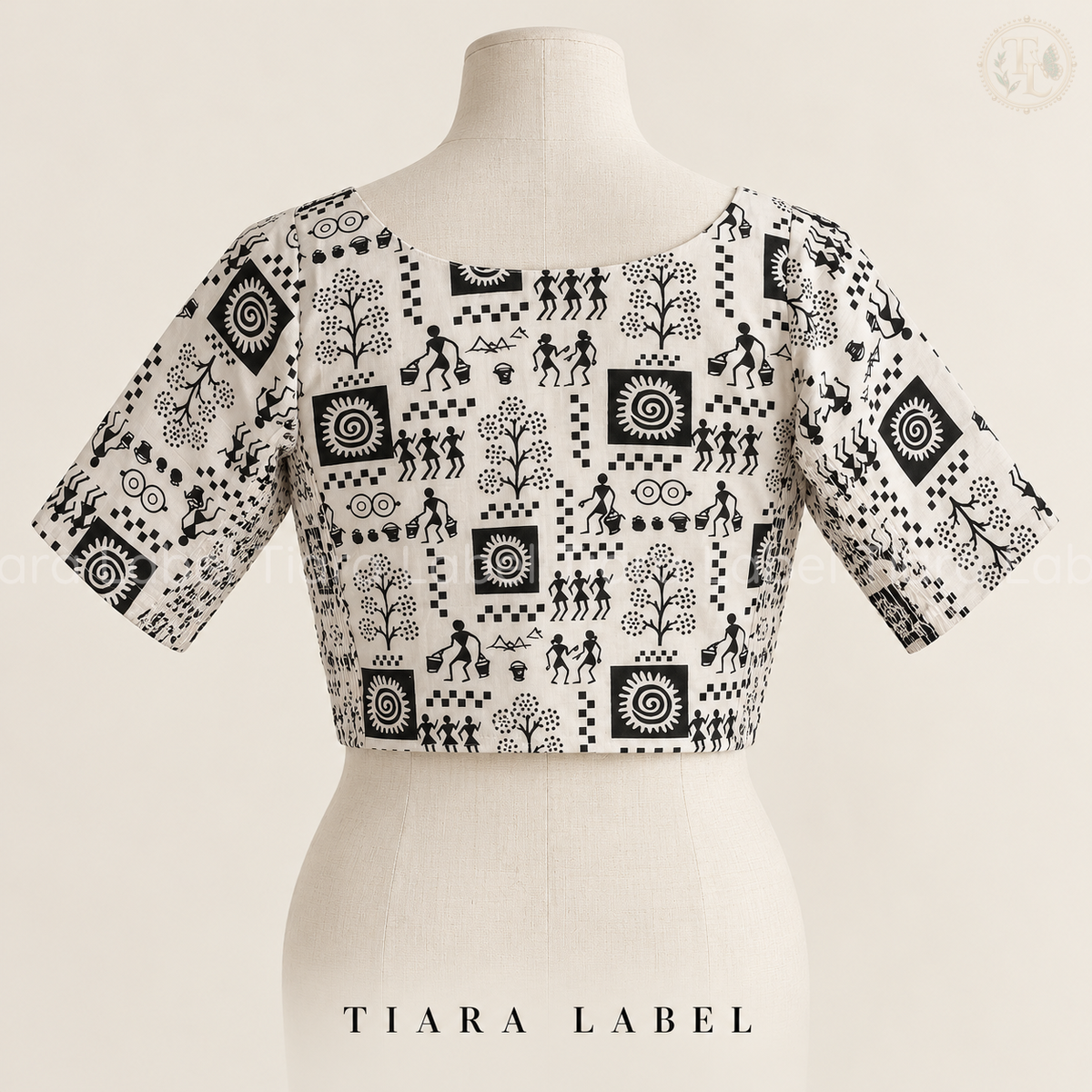 Ivory Warli-Inspired Print Flex-Fit Blouse