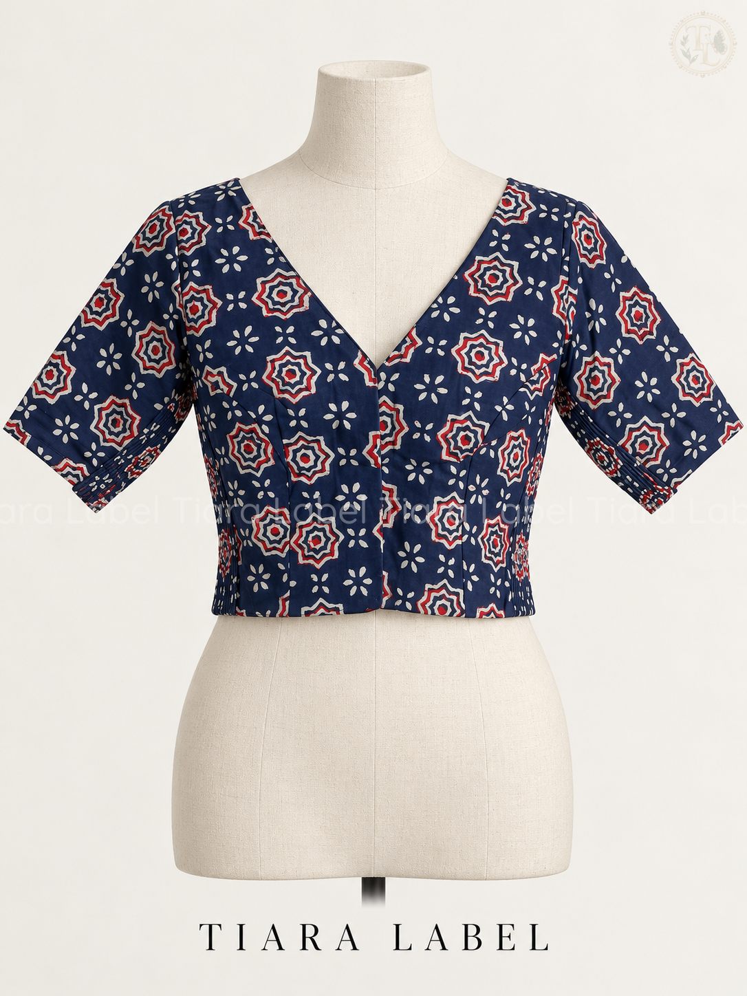 Navy Blue Geometric Floral Print Flex-Fit Blouse