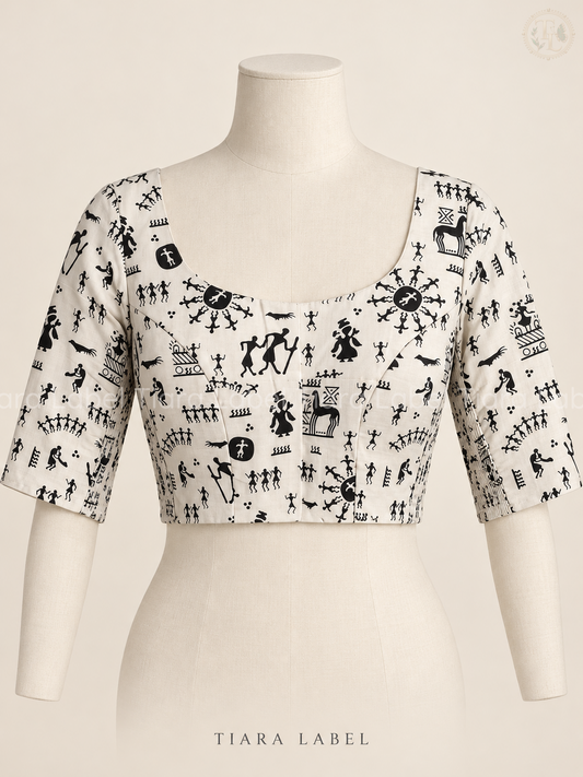 White Folk-Art Print Flex-Fit Blouse